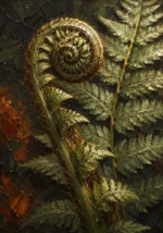 Olive fern leaf wall art print featuring an unfurling fiddlehead, layered fern fronds, rust accents, and graphite shadows for elegant interiors