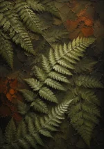 Olive fern leaf wall art print featuring layered fern leaves, woodland greens, sage highlights, and earthy accents for elegant interiors