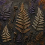 Sepia and violet vintage fern botanical prints featuring preserved fern specimens with charcoal shadows and museum-inspired details for elegant interiors