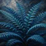 Peacock blue fern wall art print featuring sweeping fern fronds, deep navy foliage, teal highlights, and charcoal shadows for elegant interiors