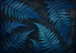 Peacock blue fern wall art print featuring oversized fern fronds, navy tones, teal accents, and graphite details for elegant interiors