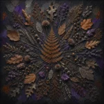 Sepia herbarium wall art print featuring a radial botanical arrangement, dried fern, pressed leaves, and violet accents for elegant interiors