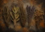 Honey bronze antique herb prints featuring preserved rosemary, sage, thyme, lavender, and chamomile botanical specimens