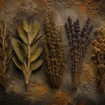 Honey bronze antique herb prints featuring preserved rosemary, sage, thyme, lavender, and chamomile botanical specimens