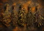 Bronze and amber antique herb prints featuring dried fennel, oregano, mint, rosemary, and sage bundles