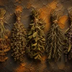 Bronze and amber antique herb prints featuring dried fennel, oregano, mint, rosemary, and sage bundles