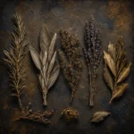 Espresso and charcoal vintage herb prints featuring rosemary, sage, thyme, lavender, and bay leaf specimens