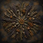 Espresso Gallery vintage herb prints featuring a circular arrangement of dried herbs, seed pods, and botanical leaves