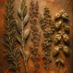 Clay and moss botanical herb prints featuring preserved rosemary, sage, thyme, oregano, and basil herbs