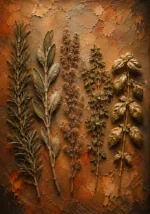 Clay and moss botanical herb prints featuring preserved rosemary, sage, thyme, oregano, and basil herbs