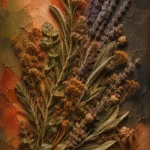Clay and moss botanical herb prints featuring dried medicinal herbs, blossoms, seed pods, and aromatic leaves
