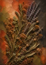 Clay and moss botanical herb prints featuring dried medicinal herbs, blossoms, seed pods, and aromatic leaves