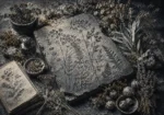 Graphite black and white herb prints featuring engraved botanical silhouettes, herbs, and stone textures for elegant interiors
