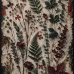 Wine and forest pressed botanical art featuring fern fronds, wild leaves, dried flowers, and elegant botanical details for interiors