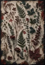 Wine and forest pressed botanical art featuring fern fronds, wild leaves, dried flowers, and elegant botanical details for interiors