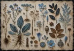 Powder blue and cocoa scientific botanical illustration prints featuring preserved plants, roots, leaves, and seed pods for elegant interiors