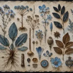 Powder blue and cocoa scientific botanical illustration prints featuring preserved plants, roots, leaves, and seed pods for elegant interiors