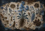 Powder blue and cocoa scientific botanical illustration prints featuring medicinal plants, roots, blossoms, and preserved leaves for elegant interiors