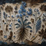 Powder blue and cocoa scientific botanical illustration prints featuring medicinal plants, roots, blossoms, and preserved leaves for elegant interiors