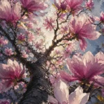 Dusty rose magnolia botanical print featuring blossoms and branches viewed from below for elegant interiors