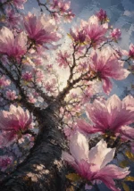 Dusty rose magnolia botanical print featuring blossoms and branches viewed from below for elegant interiors