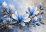 Powder blue blue botanical prints featuring a magnolia branch with elegant blossoms, cocoa accents, and graceful leaves