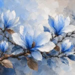 Powder blue blue botanical prints featuring a magnolia branch with elegant blossoms, cocoa accents, and graceful leaves