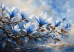 Powder blue blue botanical prints featuring coastal magnolia blossoms, sweeping branches, cocoa accents, and soft foliage