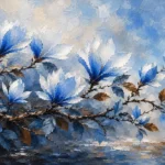 Powder blue blue botanical prints featuring coastal magnolia blossoms, sweeping branches, cocoa accents, and soft foliage