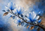 Powder blue blue botanical prints featuring a magnolia branch with blossoms, curved leaves, cocoa tones, and botanical shadows