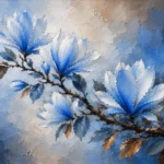 Powder blue blue botanical prints featuring a magnolia branch with blossoms, curved leaves, cocoa tones, and botanical shadows