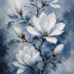 Dusty blue blue and white botanical prints featuring a magnolia branch with white blossoms, icy tones, and elegant leaves