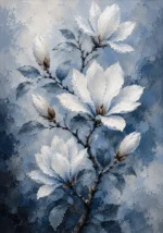 Dusty blue blue and white botanical prints featuring a magnolia branch with white blossoms, icy tones, and elegant leaves