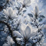 Dusty blue blue and white botanical prints featuring a magnolia canopy with white blossoms, twisting branches, and silver-blue botanical tones