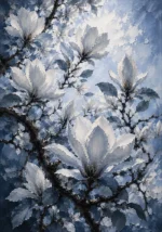 Dusty blue blue and white botanical prints featuring a magnolia canopy with white blossoms, twisting branches, and silver-blue botanical tones