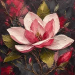 Crimson botanical floral drawings featuring a magnolia blossom with curved leaves, pink highlights, and olive botanical accents