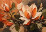 Burnt coral abstract botanical wall art featuring a magnolia branch with flowing petals, olive leaves, and earthy botanical tones