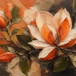 Burnt coral abstract botanical wall art featuring a magnolia branch with flowing petals, olive leaves, and earthy botanical tones