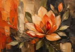 Burnt coral abstract botanical wall art featuring an abstract magnolia flower with apricot highlights, olive greens, and charcoal shadows