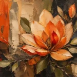 Burnt coral abstract botanical wall art featuring an abstract magnolia flower with apricot highlights, olive greens, and charcoal shadows