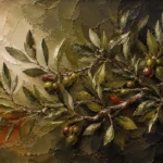 Olive green botanical prints featuring a horizontal olive branch arrangement with textured leaves, organic details, and terracotta accents for elegant interiors