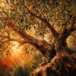 Clay and moss rustic botanical prints featuring an ancient olive tree branch with dense foliage, textured bark, and warm earthy tones for elegant interiors