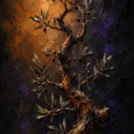 Sepia and violet botanical prints featuring a dramatic olive branch silhouette with twisting bark, sparse leaves, and dark atmospheric tones for elegant interiors