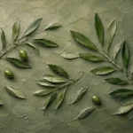 Moss and sage minimalist botanical print featuring olive leaves and thin branches in a balanced modern arrangement for elegant interiors