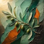 Eucalyptus and clay abstract botanical art print featuring a sculptural olive branch with layered organic forms for elegant interiors
