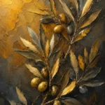Antique gold luxe gold botanical wall art print featuring an elegant olive branch with delicate leaves and olive fruits for sophisticated interiors