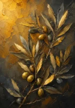 Antique gold luxe gold botanical wall art print featuring an elegant olive branch with delicate leaves and olive fruits for sophisticated interiors
