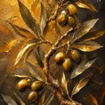 Antique Gold Luxe gold botanical wall art print featuring a sculptural olive branch with layered foliage and golden olive clusters for elegant interiors
