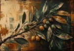 Tobacco and emerald botanical monoprints print featuring layered olive branches with twisting stems and delicate olive fruits for elegant interiors