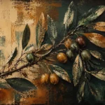 Tobacco and emerald botanical monoprints print featuring layered olive branches with twisting stems and delicate olive fruits for elegant interiors
